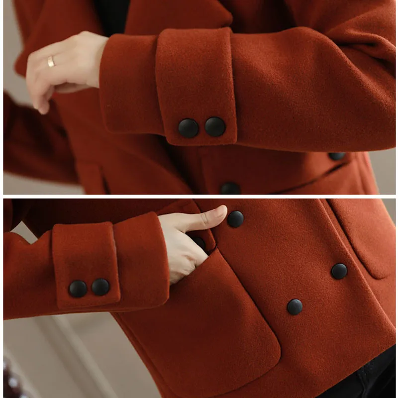 

2019 Autumn Winter Outerwear Short Solid Color Slim Wool Coat Ladies Double-breasted suit collar Women Blend Woolen Jacket LQ222