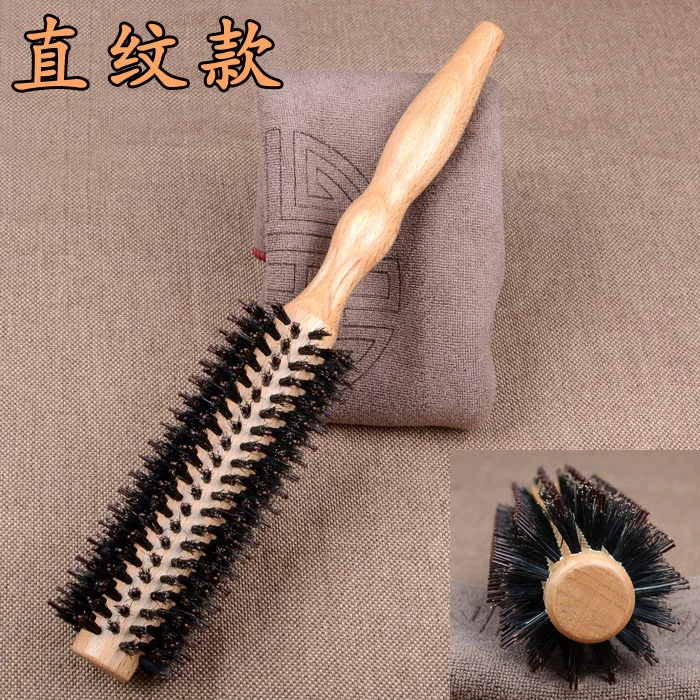 Аутентичный профессиональный расчесывающий гребень с цилиндрическим роликом для сушки волос из дикой кабаньей щетины, выполненный из дерева.