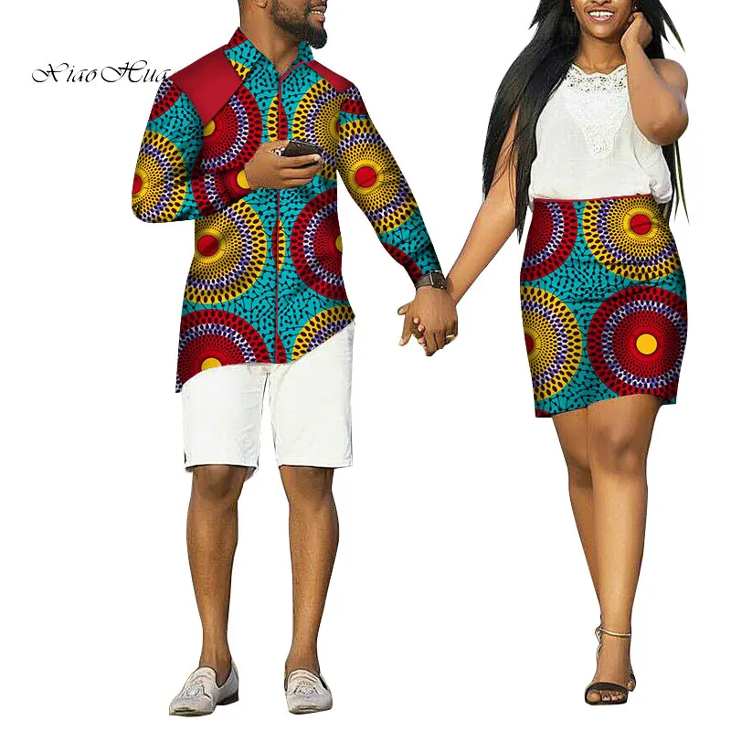 Summer Lovers Couple African Clothes Gift Valentine' Day Long Sleeve Mens Shirt Coat and Women Skirt Causal Set Plus Size WYQ190