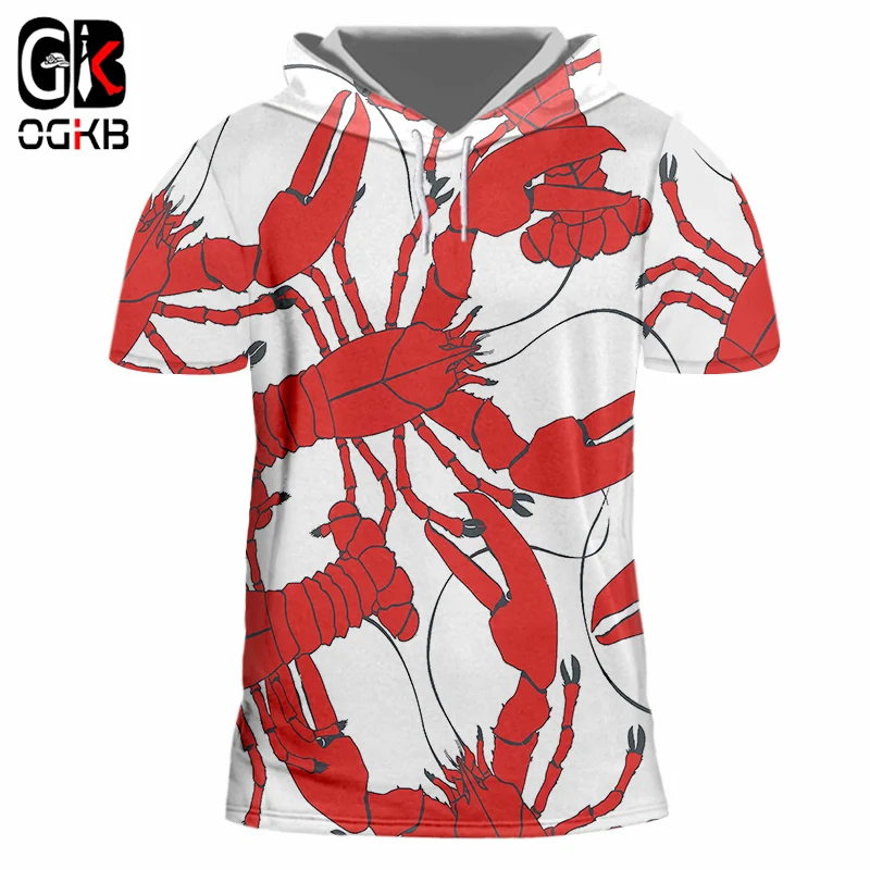 

OGKB New Summer Tops Men/women's Funny Print Red Lobster 3D Hooded Tshirt Male Hiphop Fitness Short Sleeve Hoody Quick Dry 7XL