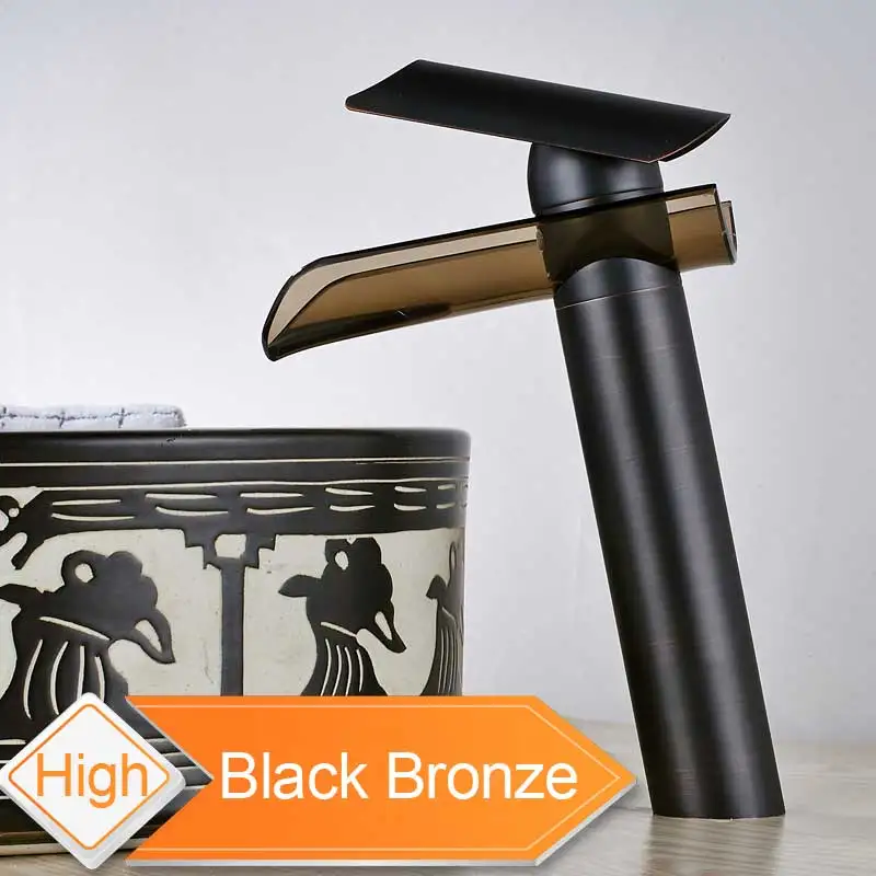 Black Bronze High Стеклянный носик, водопад, смеситель для раковины, однорычажный, для ванной комнаты, раковины, смесители с горячей и холодной водой, на бортике - Цвет: Black Bronze High