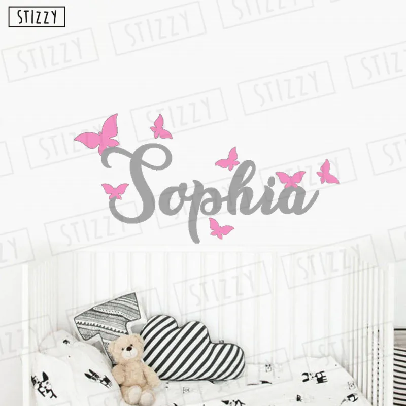 Design 3 Настенная Наклейка stizzy Kids Butterfly, персонализированные наклейки на стену с именем для маленьких девочек, декор для спальни, индивидуальный дизайн, Настенная роспись для дома DIYC645 - Цвет: Design 3