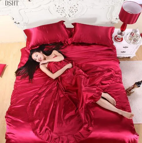 HOT! pure satin silk bedding set，Home Textile King size bed set， bed clothes， duvet cover ，flat sheet ，pillowcases ，Wholesa