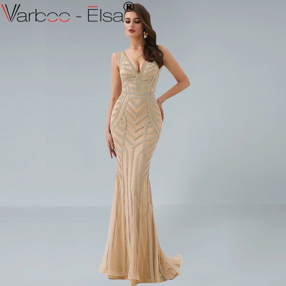 VARBOO_ELSA роскошные золотые Выпускные платья Длинные 2019 с v образным вырезом без