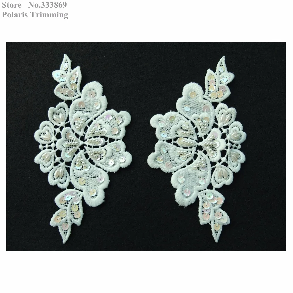 Free Shipping 2pairs=4pcs/lot x Handmade Ivory/Cream/Offwhite Pearled Sequin Beaded Flower Lace Applique Trim Patch Motif PBNC57 | Дом и сад