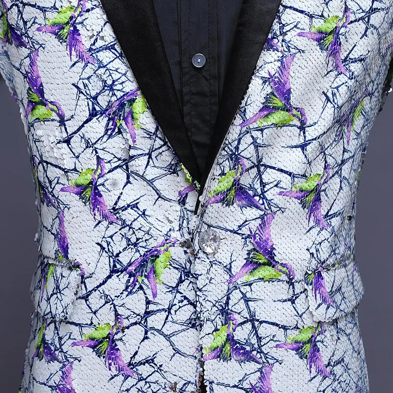 Mens White Sequin Blazer Purple Embellished Hombre Homme Glitter Jacket Men Floral Suit | Мужская одежда