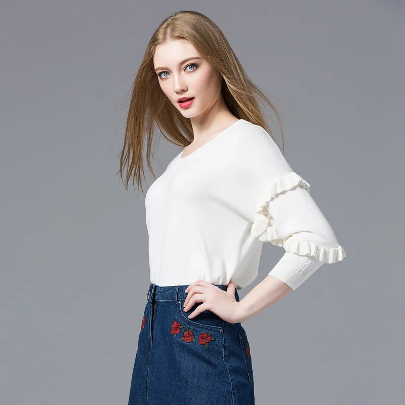 New Women Sweaters and Pullovers Casual Lace Sleeve O-Neck Sweater Solid Winter Simple Spring Summer Pull Femme Knitted Jumpers | Женская