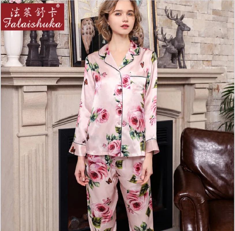 Silk Pajama Sets Pants Home Wear Plus Size Sexy Flower Print Two Piece Set Woman2019 Summer 100% Silk StainPajama Set Sleepwear