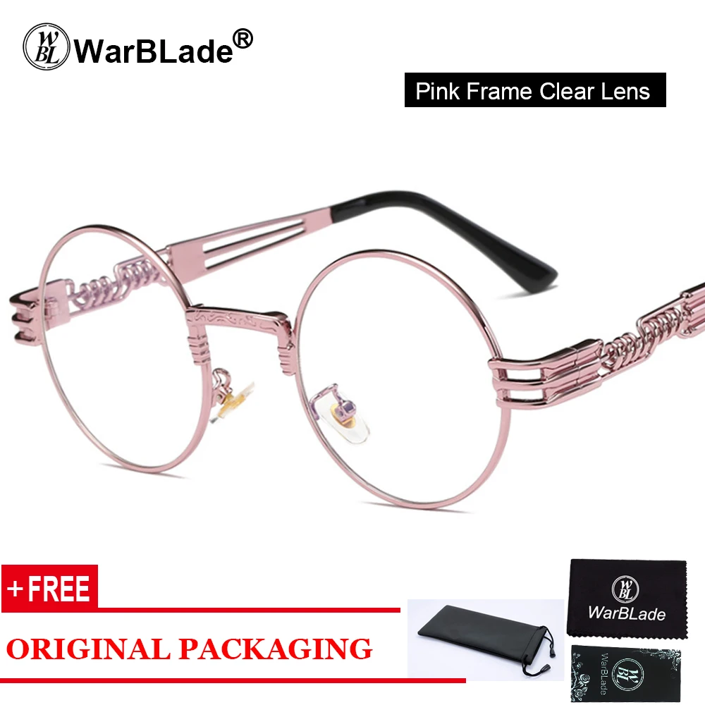 pink clear WarBLade, Ретро стиль, Круглые, стимпанк, солнцезащитные очки, для женщин и мужчин, стимпанк, Золотые очки, хип-хоп, оттенки, Teashades, прозрачные очки - Цвет линз: pink clear