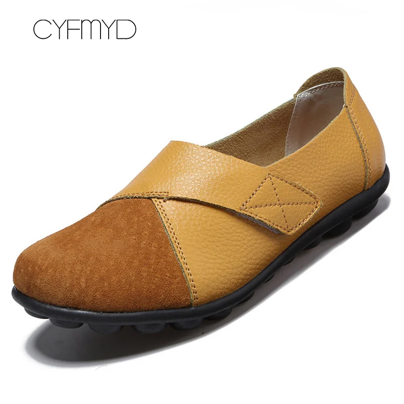 Yellow Женские туфли на плоской подошве; обувь из натуральной кожи; большой размер 41-44, из замши, со вставками, туфли-лодочки для женщин на застежке-липучке для массажа - Цвет: Yellow
