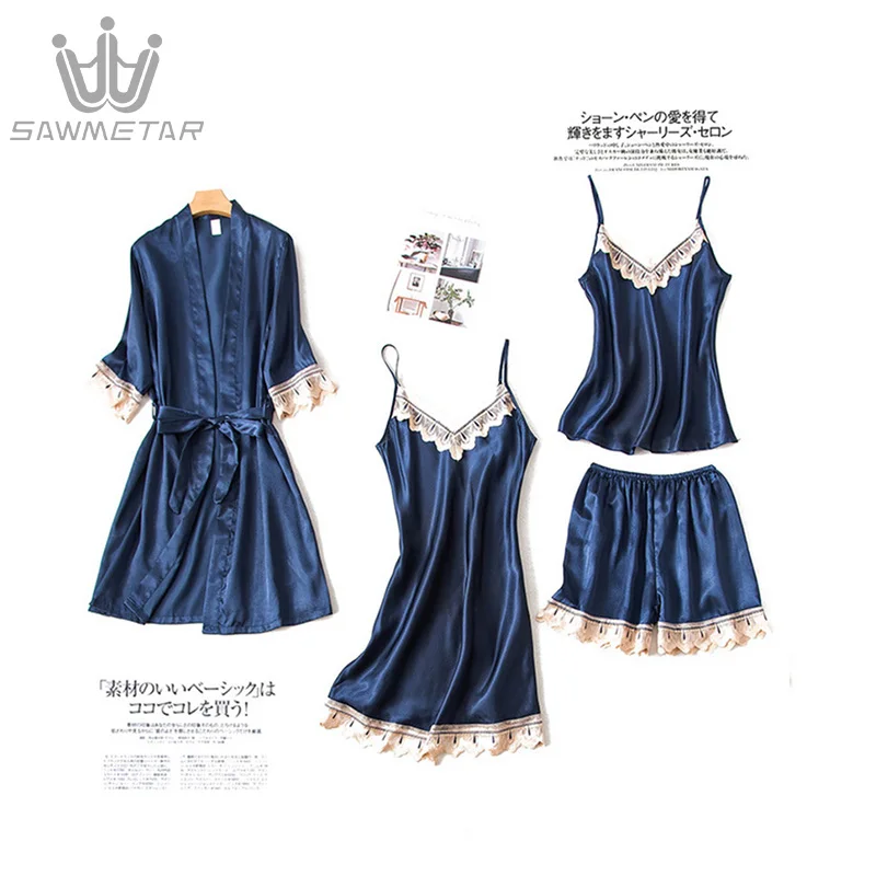 Summer Pajamas Women 4 Pieces Sets Sexy Sleepwear Satin Silk Nightwears Home Wear Home Clothing Embroidery Sleep Lounge