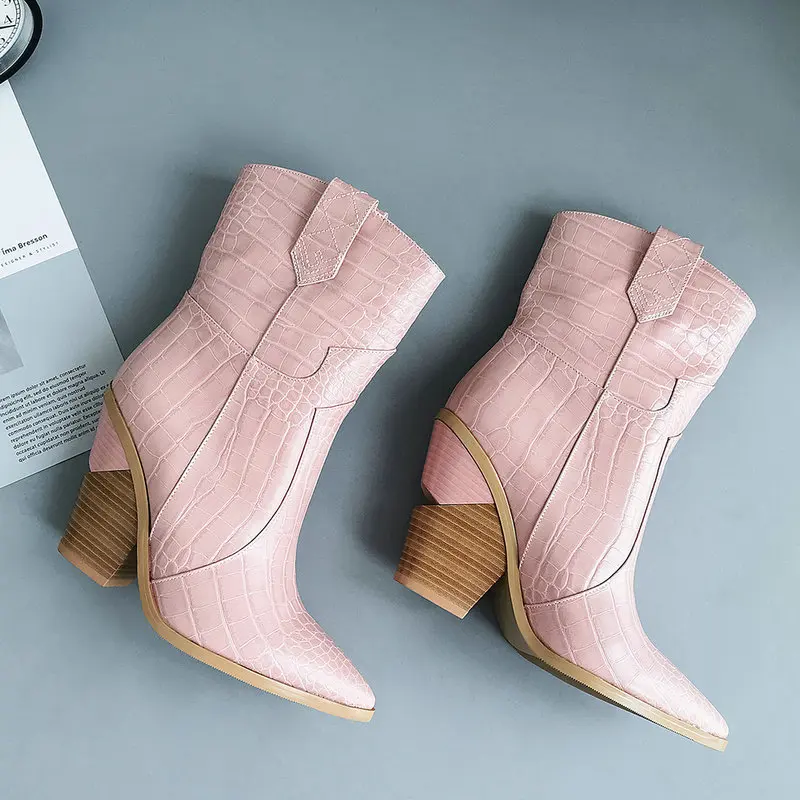 dark pink Ковбойские женские ботинки из искусственной кожи на танкетке; ботильоны на высоком каблуке; модные ковбойские ботинки со змеиным принтом; зимняя женская обувь; - Цвет: dark pink