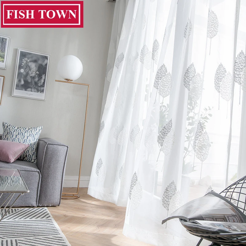 

FISH TOWN Semi White Tulle Curtains For Living Room Simple Embroidered Voile Sheer Curtain For Window Bedroom Drapes
