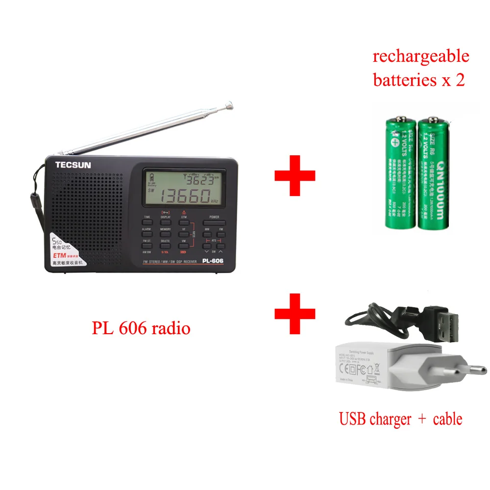 Black USB Set Tecsun PL-606 цифровой PLL портативный радио FM стерео/LW/SW/MW приемник DSP Интернет Радио FM: 64-108 МГц/LW: 153-513 кГц радио - Цвет: Black USB Set