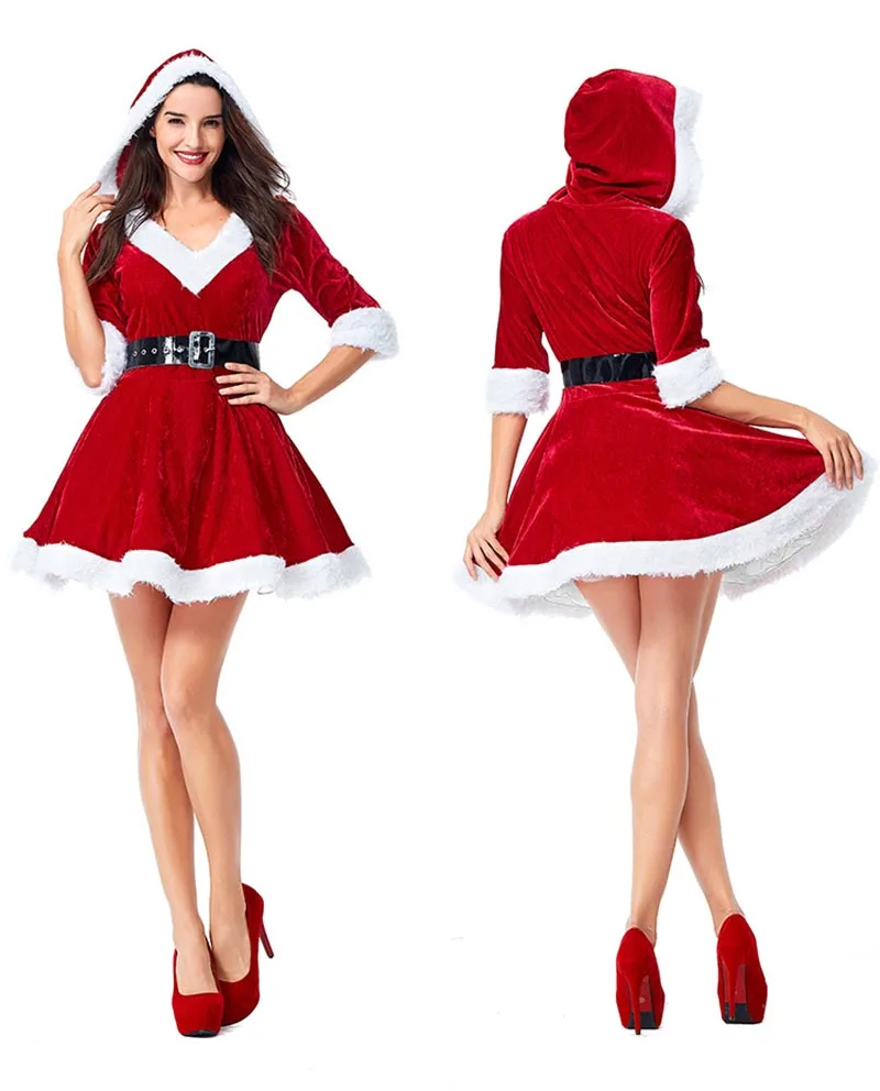 

Women Christmas Miss Santa Claus Cosplay Costume New Year Costume Long Sleeve Red Velvet Christmas Dress For Women Plus Size XL