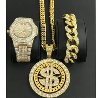 luxury men watch bracelet necklace combo set ice out cuban watch dollar sign hip hop necklace pendant jewerly for men