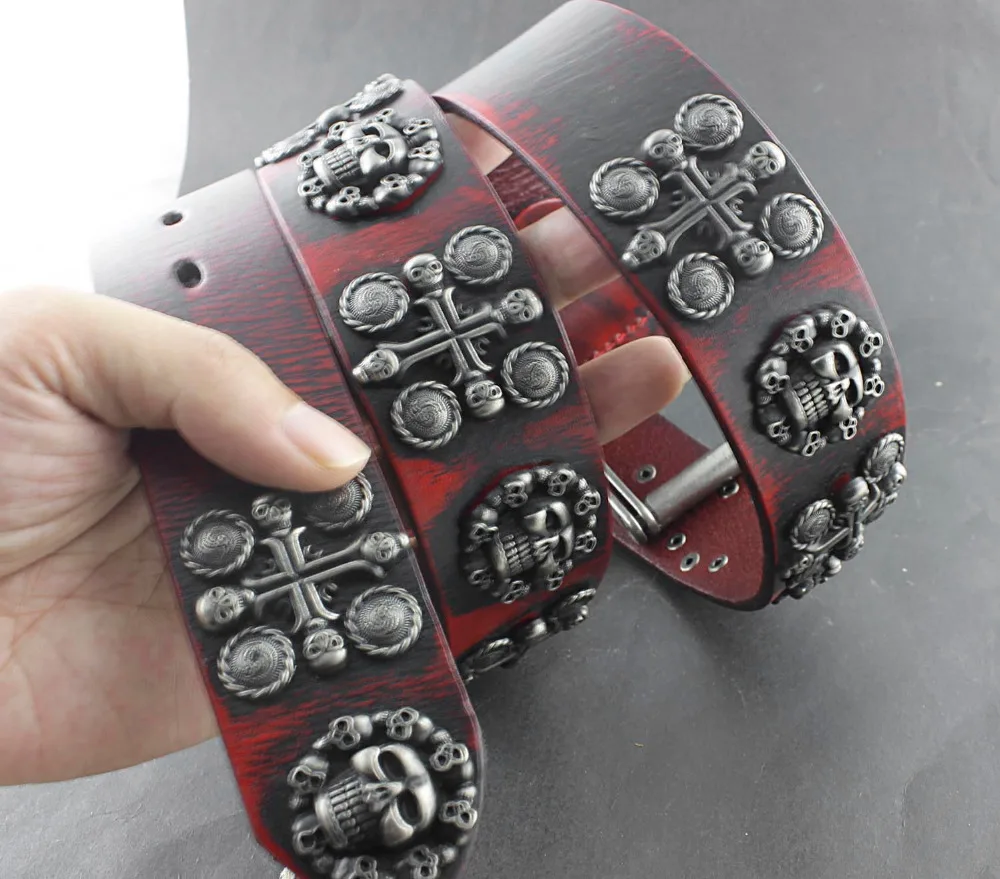 Мужской винтажный ремень Goth Skull Cross красный из натуральной кожи в байкерском