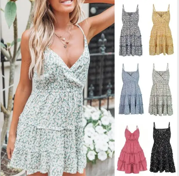 

2022 Women Floral print mini Dress summer sleeveless sexy v neck beach sundress spaghetti strap party vestido