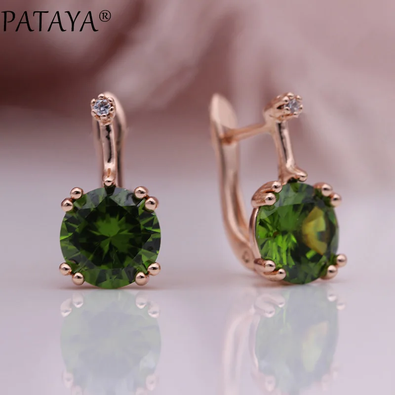 Olive Green Новые Женские Висячие серьги PATAYA, круглые градиентные синие серьги с натуральным цирконием, 585 цвета розового золота, свадебные ювелирные изделия - Окраска металла: Olive Green