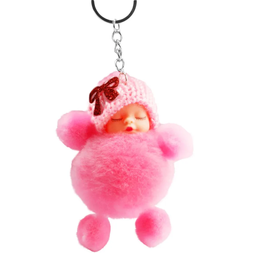 Cute Keychain Sleeping Baby Bowtie Fluffy Pompom Fur Plush Doll Keyring Key Ring Sep#2 | Дом и сад