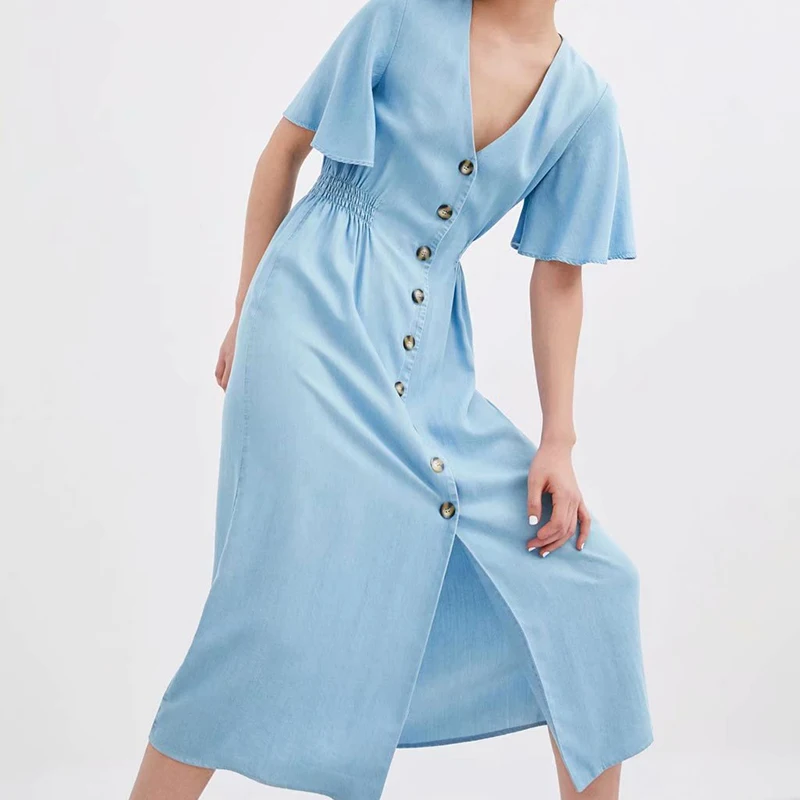 2019 сезон: весна–лето Chic Za синий длинное платье Для женщин Мода Однобортный