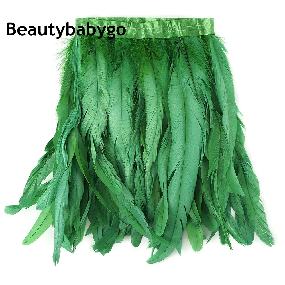 

30-35CM 12-14 Inches Deep Green Dyed Rooster coque feather Trims Natural Feathers Lace Sewed On Satin Ribbon Carnival Decoration