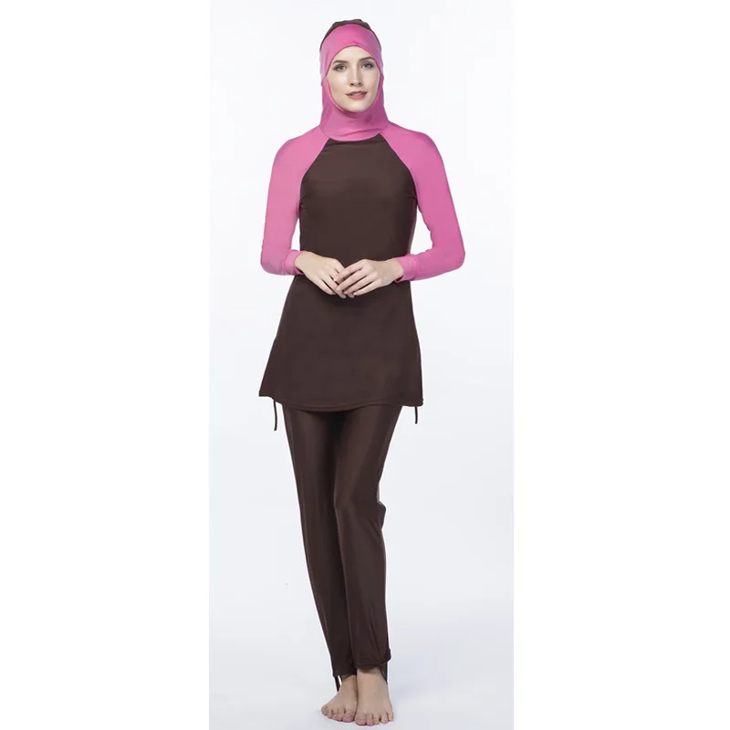 New colorblock muslim swimwear women's conservative hooded beach swimsuit patchwork hijab long sleeves sport swimsuit