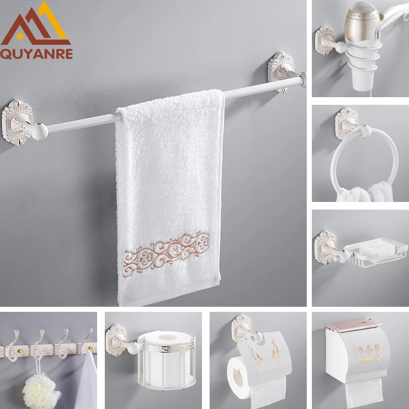Quyanre European White Carved Gold Bathroom Hardware Set Accessories Toothbrush Cup Paper Towel Hook banheiro hardware | Обустройство