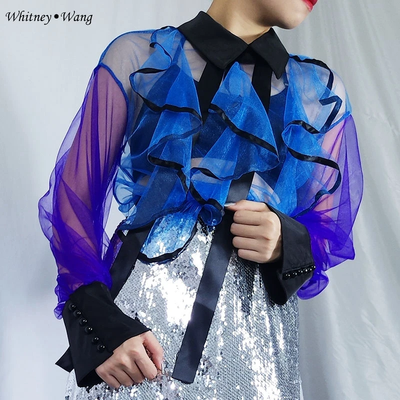 WHITNEY Ван 2018 Весенняя мода Уличная Сексуальная See Through многоцветный Раффлед сетки