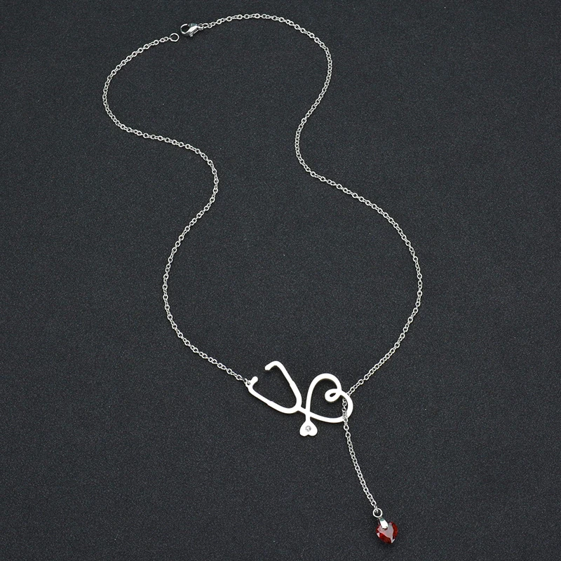 Letdiffery Винтаж стетоскоп медсестры Красное сердце Кристалл ожерелья из