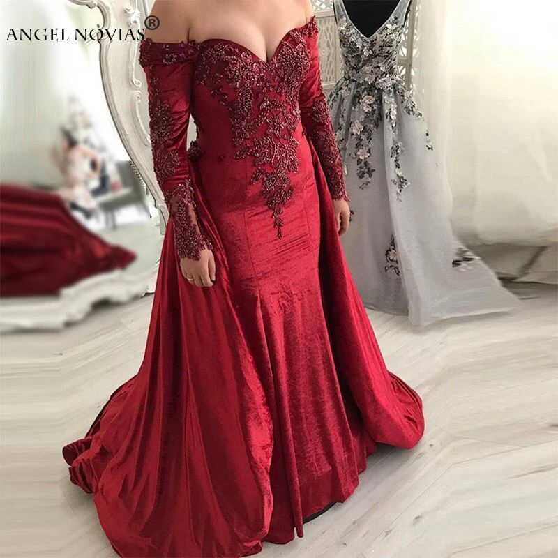 

Женское бархатное платье-Русалка ANGEL NOVIAS, бордовое элегантное вечернее платье с длинным рукавом, расшитое бисером, в арабском стиле, со съем...