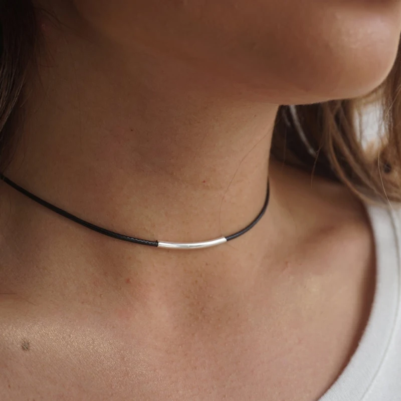 Кожаный чокер с одним шнуром черная фототкань XL834|cord choker|black chokerblack choker necklace |