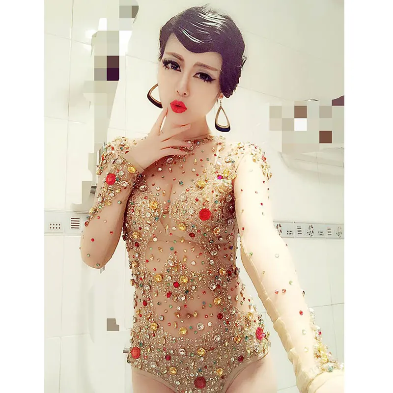 Colored rhinestones Leotard Long skirt Dance Outfit Stones Bodysuit Stage Performance Party luxurious Shining Costume | Тематическая