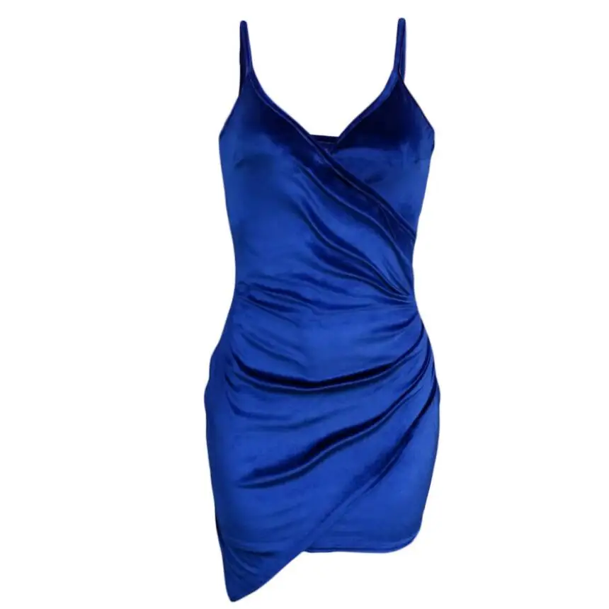 Royal Blue Летние туфли с ремешками и v-образным вырезом; Цвет сапфировый, синий; бархатные пикантные платья с высокой талией; женские модные однотонные Клубные платья; мини-платья на бретельках - Цвет: Royal Blue
