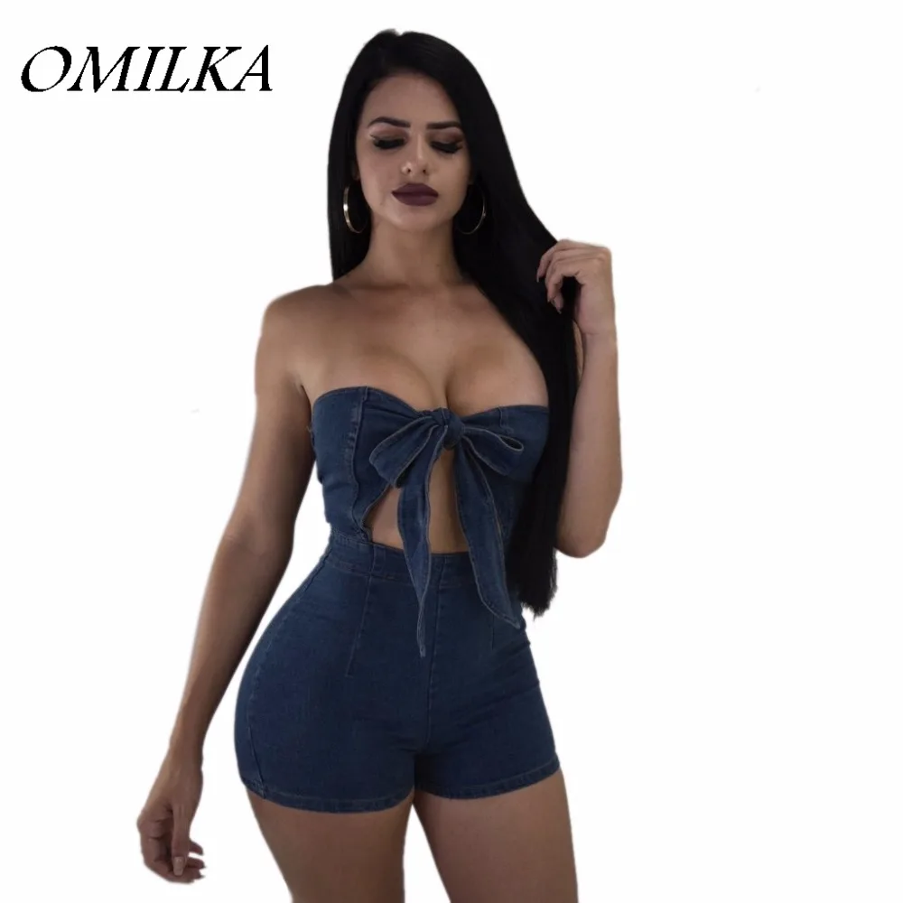 

OMILKA 2018 летние женские джинсовые костюмы без бретелек с бантом, джинсовые костюмы, сексуальные синие эластичные облегающие Комбинезоны на м...