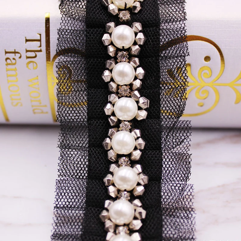 10Yards White Black Fake Pearl Beaded Lace Trim Vintage Ruffled Mesh Fabric Braid Applique |