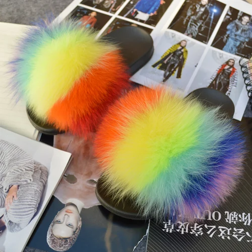 colorful Женские тапочки из натурального Лисьего меха; милые летние пушистые туфли с натуральным лисьим мехом; Роскошные брендовые сандалии на плоской подошве с натуральным лисьим мехом - Цвет: colorful