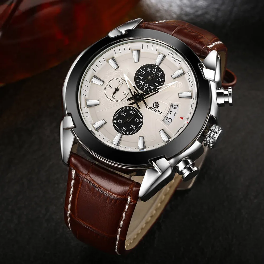 LIANDU Роскошные модные кожаные мужские Кварцевые аналоговые наручные часы из