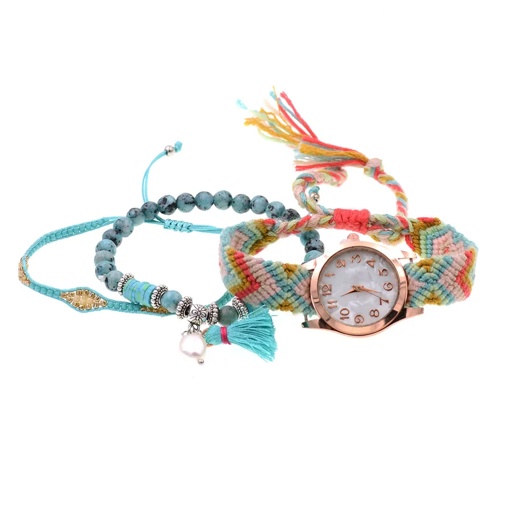 

WELLMORE Women Watches BOHO style 2pcs beads bracelets with watch combination Wrist watches for women quartz watches wholesale