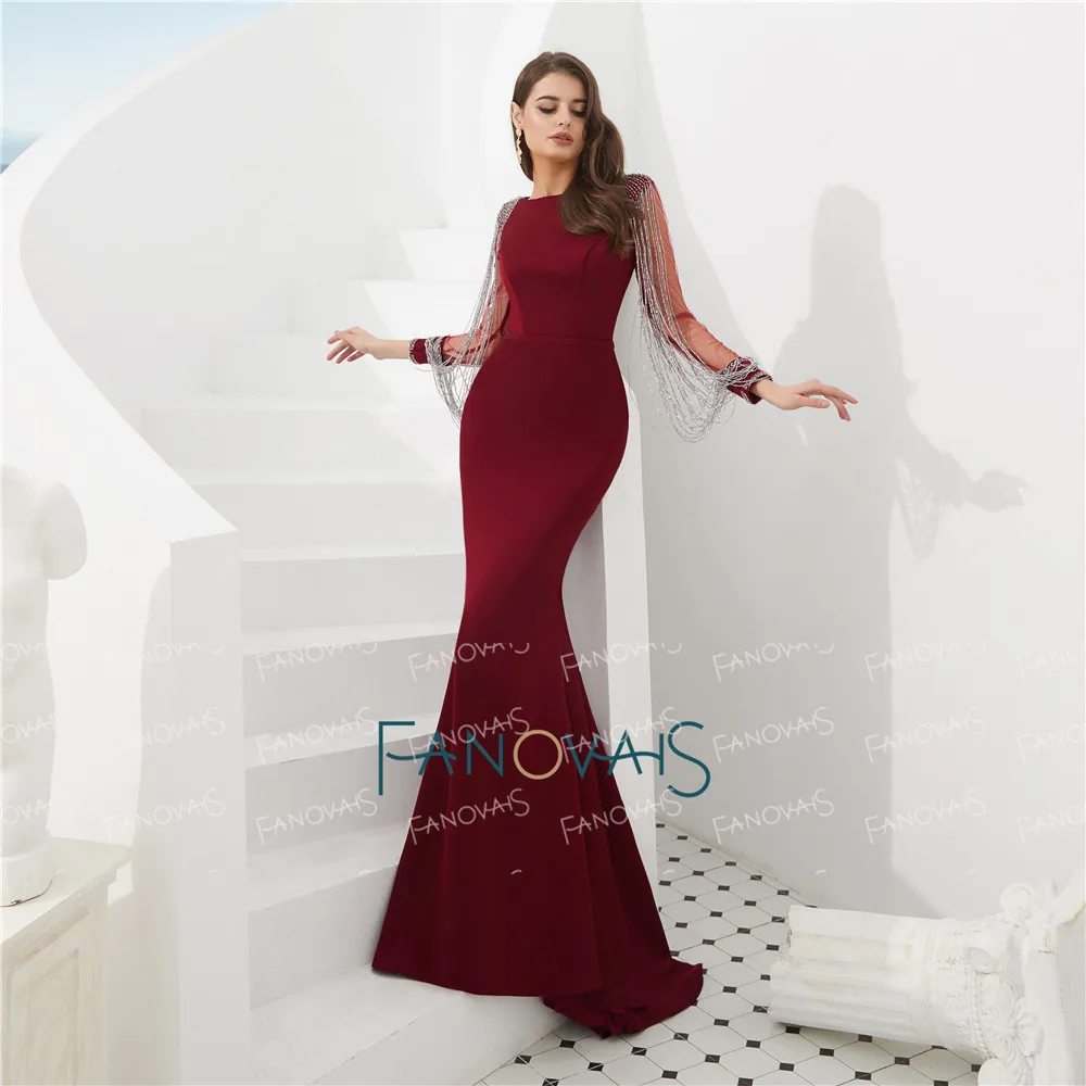 Зима 2020 бордовое вечернее платье с длинным рукавом женское русалки бахромой и