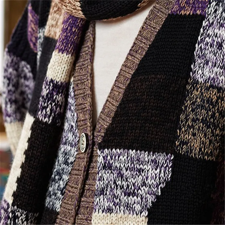 Ручная работа чистая шерсть Vneck вязаный женский нерегулярный контрастный цвет клетчатый свободный свитер кардиган один и более размер