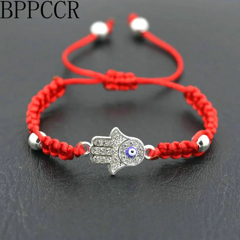 BPPCCR 2 шт./компл. Лаки хамса руки серебристый циркониевый оплетка Браслеты черно-красная веревочная нить строка Браслеты бра. подарок для влюбленных