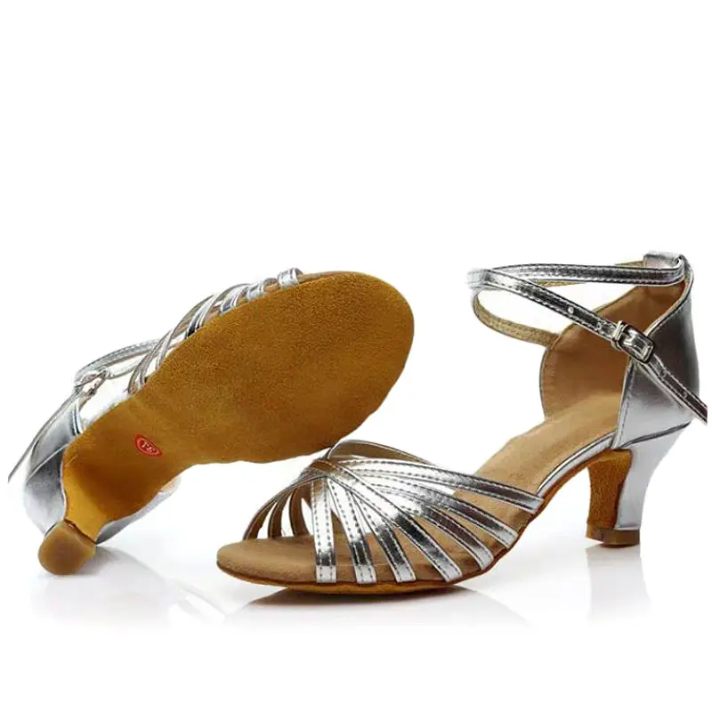 PU Latin Dance Shoes Women Salsa Tango Dancing Shoes Ladies Gold Sliver Soft 5 7cm High Heeled Ballroom Exercise Woman's Sandals