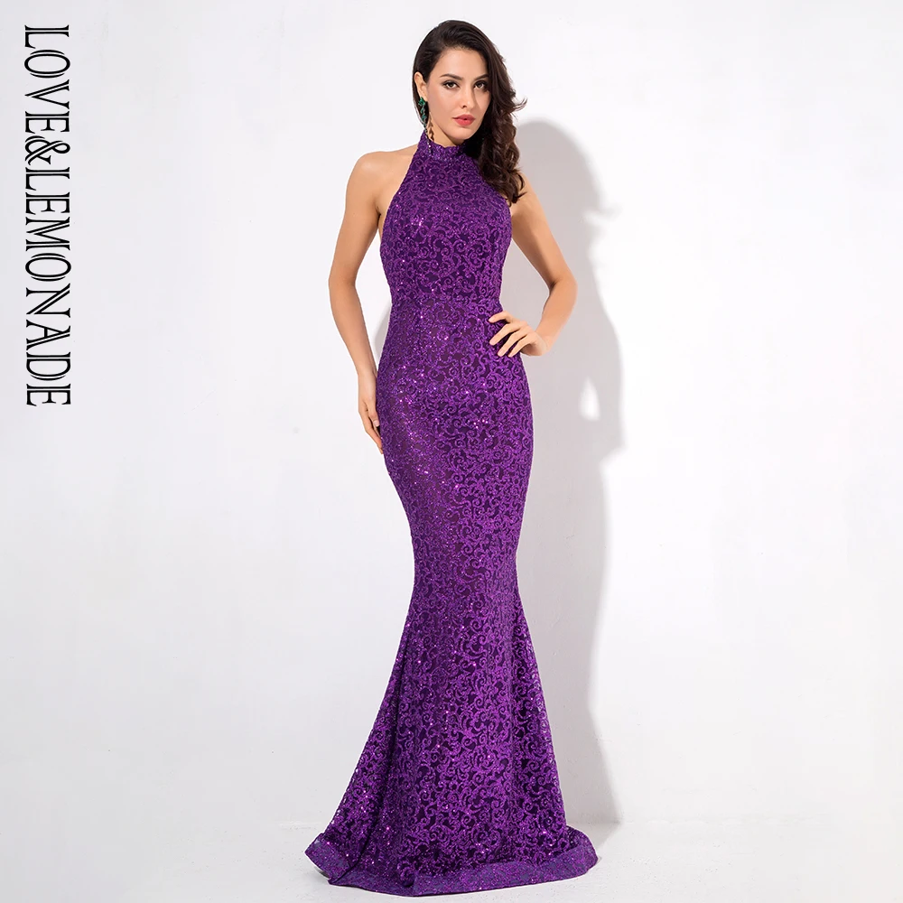 Женское длинное платье LOVE & LEMONADE фиолетовое из материала с открытой спиной модель