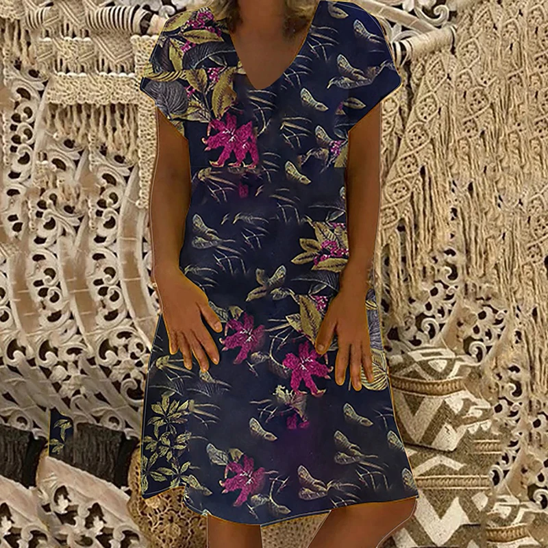 Женское платье пляжное свободное Ретро модное праздничное с коротким рукавом