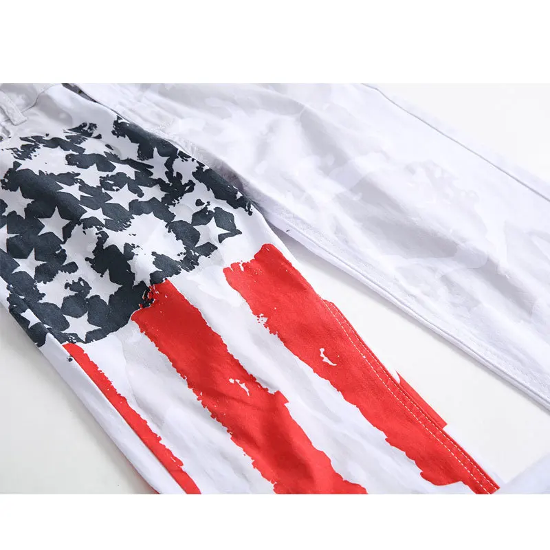 New Men's White Jean Pant Print Elasticity Slim Jeans Cotton Mid Waist Zipper Fly Straight Pants Casual Trousers Men