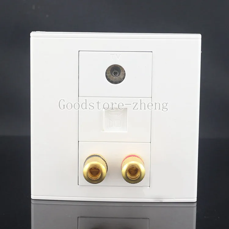 

1 Speaker 2 Binding Banana Post Jack + TV + RJ45 Cat5e LAN Audio Wall Face Plate