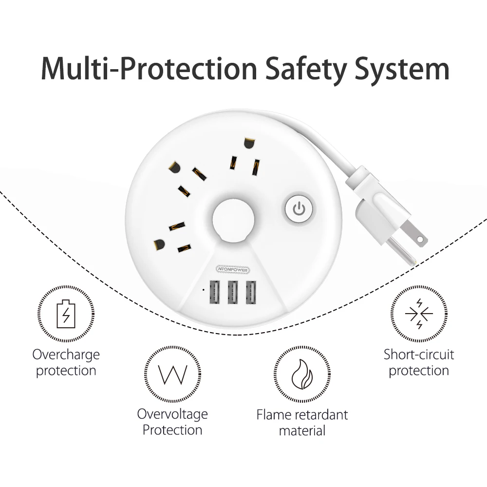 NTON power ODR маленькая Портативная USB полоса питания для путешествий штепсельная розетка США защита от перегрузки 3AC розетка с 3 USB умным зарядным портом