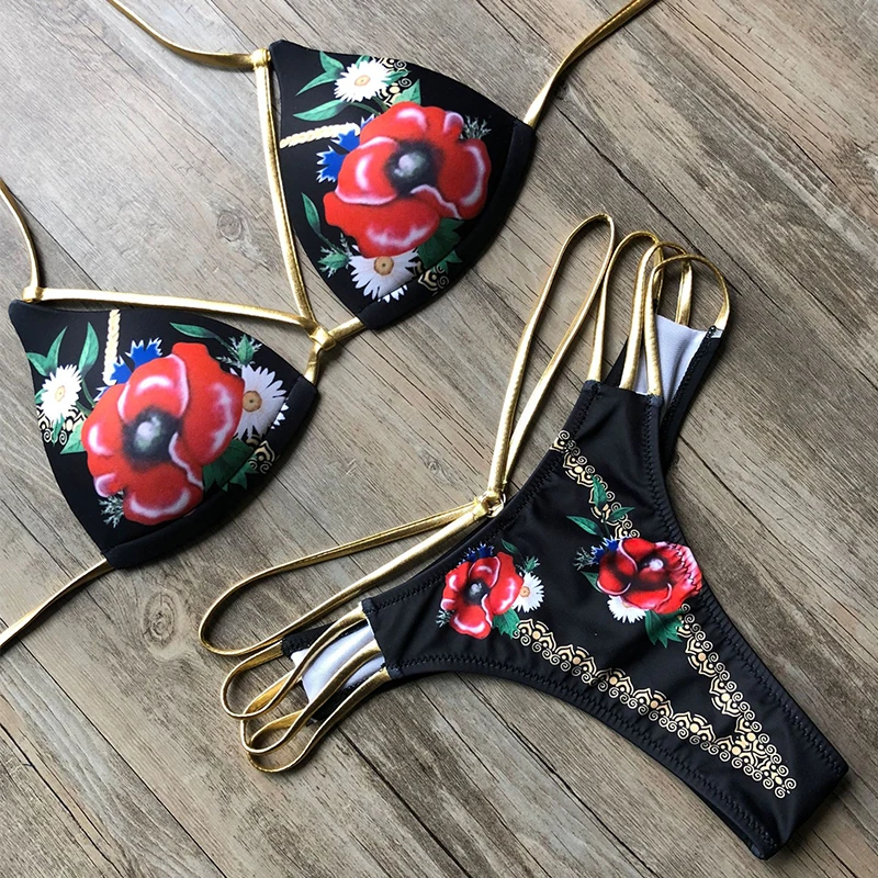 Aartiee Sexy print swimwear women bathing suit Extreme bikini Triangle swimsuit female bathers Summer beach wear String biquini |
