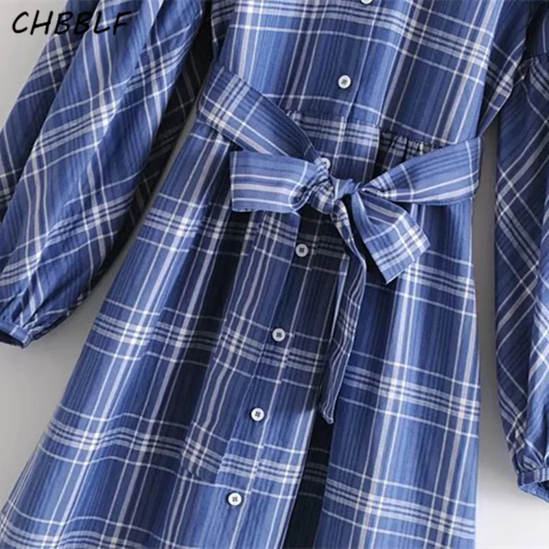 New spring dress long sleeve belt decorative blue plaid Vestido Retro HJH1387 | Женская одежда